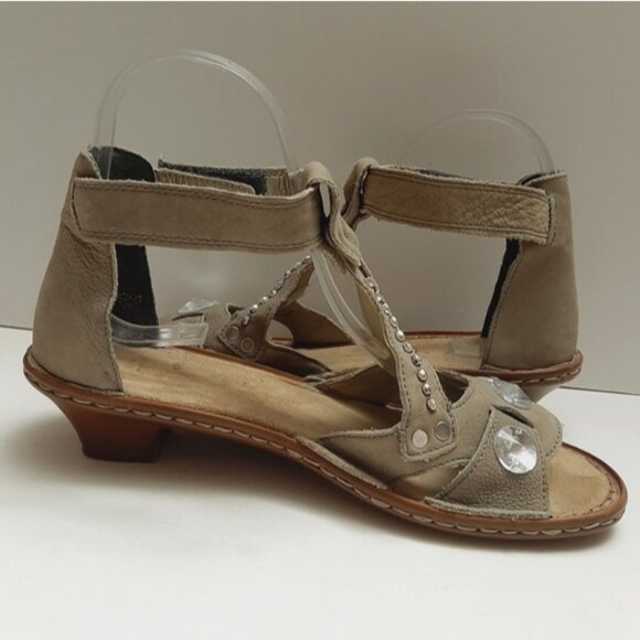 RIEKER \ Studded Gem Low Heel Open Toe Sandal Ankle Strap Taupe Gray Eur 37 US 6 - Picture 10 of 15